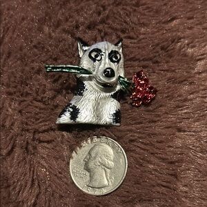 Silver and Black Dog Brooch & Pendant with Red Flower